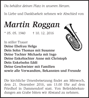 Traueranzeige von Martin Roggan von Märkische Oderzeitung