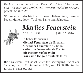 Traueranzeige von Marlies Feuerstein von Märkische Oderzeitung