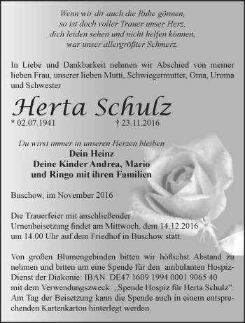 Traueranzeige von Herta Schulz von Märkische Oderzeitung