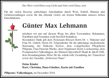 Traueranzeige von Günter Max Lehmann von Märkische Oderzeitung