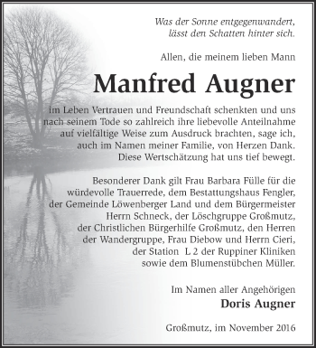 Traueranzeige von Manfred Augner von Märkische Oderzeitung