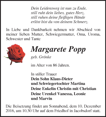 Traueranzeige von Margarete Popp von Märkische Oderzeitung