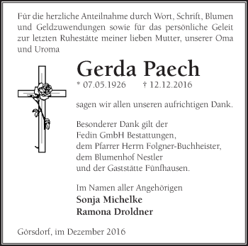 Traueranzeige von Gerda Paech von Märkische Oderzeitung