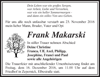 Traueranzeige von Frank Makarski von Märkische Oderzeitung