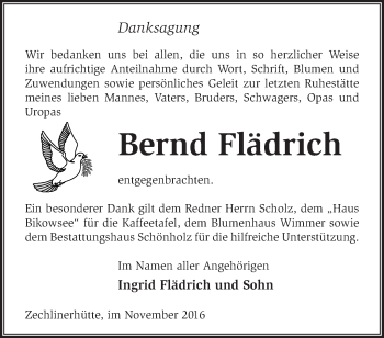 Traueranzeige von Bernd Flädrich von Märkische Oderzeitung