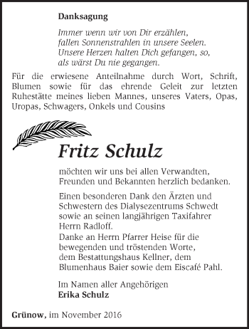 Traueranzeige von Fritz Schulz von Märkische Oderzeitung