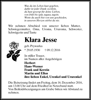 Traueranzeige von Klara Jesse von Märkische Oderzeitung