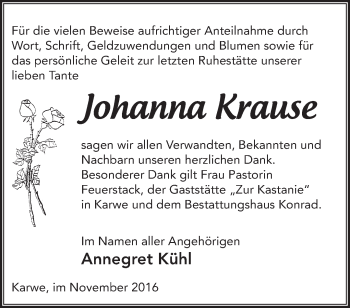 Traueranzeige von Johanna Krause von Märkische Oderzeitung