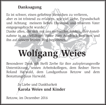 Traueranzeige von Wolfgang Weies von Märkische Oderzeitung