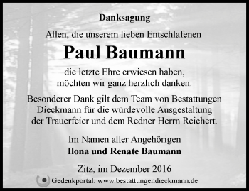 Traueranzeige von Paul Baumann von Märkische Oderzeitung