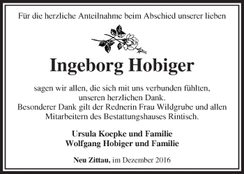 Traueranzeige von Ingeborg Hobiger von Märkische Oderzeitung