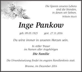 Traueranzeige von Inge Pankow von Märkische Oderzeitung