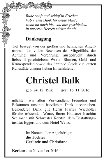 Traueranzeige von Christel Balk von Märkische Oderzeitung