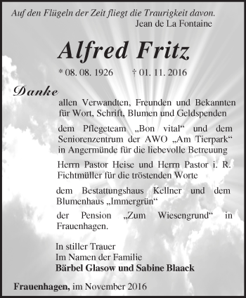 Traueranzeige von Alfred Fritz von Märkische Oderzeitung