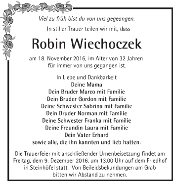 Traueranzeige von Robin Wiechoczek von Märkische Oderzeitung