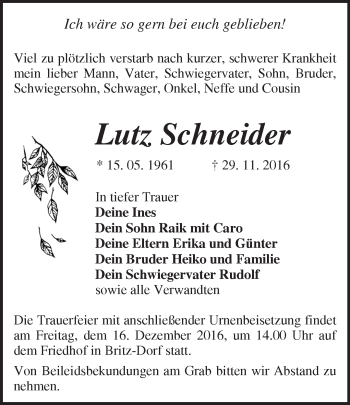 Traueranzeige von Lutz Schneider von Märkische Oderzeitung