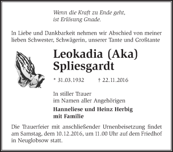 Traueranzeige von Leokadia Spliesgardt von Märkische Oderzeitung