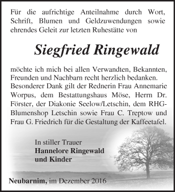 Traueranzeige von Siegfried Ringewald von Märkische Oderzeitung