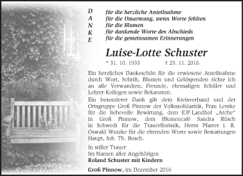 Traueranzeige von Luise-Lotte Schuster von Märkische Oderzeitung