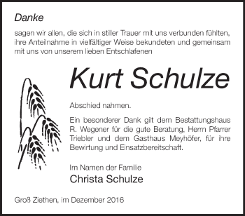 Traueranzeige von Kurt Schulze von Märkische Oderzeitung