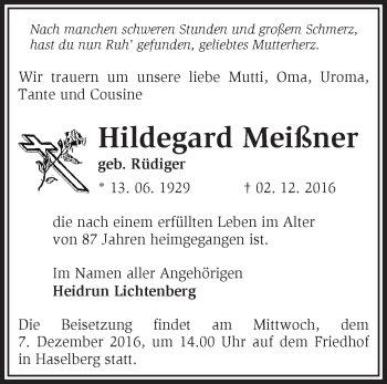 Traueranzeige von Hildegard Meißner von Märkische Oderzeitung