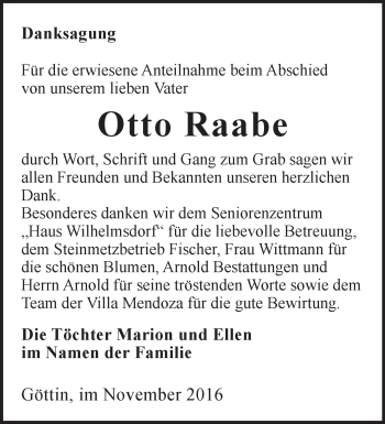 Traueranzeige von Otto Raabe von Märkische Oderzeitung