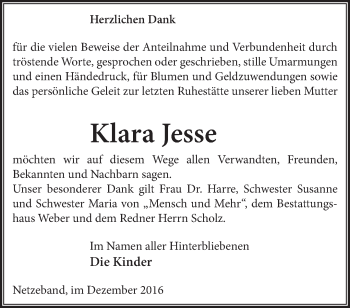 Traueranzeige von Klara Jesse von Märkische Oderzeitung