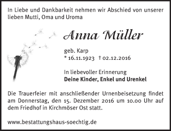 Traueranzeige von Anna Müller von Märkische Oderzeitung