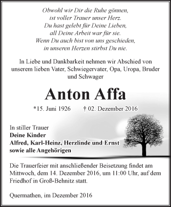 Traueranzeige von Anton Affa von Märkische Oderzeitung