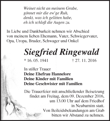 Traueranzeige von Siegfried Ringewald von Märkische Oderzeitung