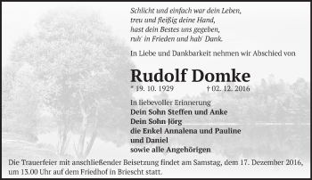 Traueranzeige von Rudolf Domke von Märkische Oderzeitung