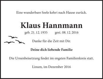 Traueranzeige von Klaus Hannmann von Märkische Oderzeitung