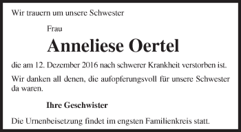 Traueranzeige von Anneliese Oertel von Märkische Oderzeitung