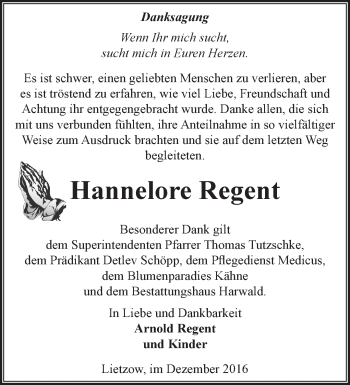 Traueranzeige von Hannelore Regent von Märkische Oderzeitung