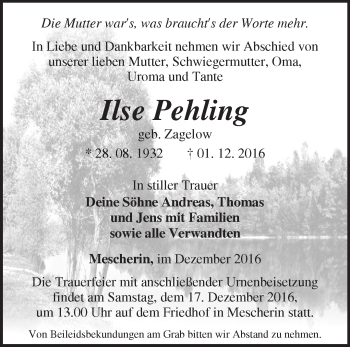 Traueranzeige von Ilse Pehling von Märkische Oderzeitung