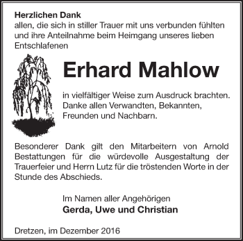 Traueranzeige von Erhard Mahlow von Märkische Oderzeitung