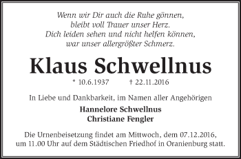 Traueranzeige von Klaus Schwellnus von Märkische Oderzeitung