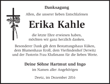 Traueranzeige von Erika Kahle von Märkische Oderzeitung