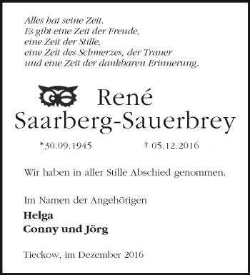 Traueranzeige von René Saarberg-Sauerbrey von Märkische Oderzeitung