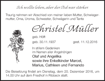 Traueranzeige von Christel Müller von Märkische Oderzeitung