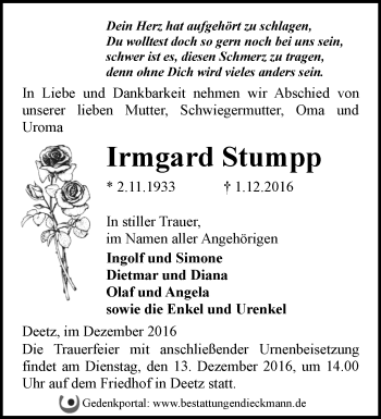 Traueranzeige von Irmgard Stumpp von Märkische Oderzeitung