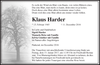 Traueranzeige von Klaus Harder von Märkische Oderzeitung