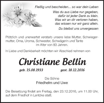 Traueranzeige von Christiane Bellin von Märkische Oderzeitung