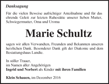 Traueranzeige von Marie Schultz von Märkische Oderzeitung