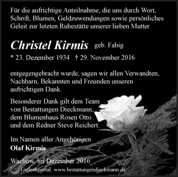 Traueranzeige von Christel Kirmis von Märkische Oderzeitung