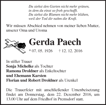 Traueranzeige von Gerda Paech von Märkische Oderzeitung