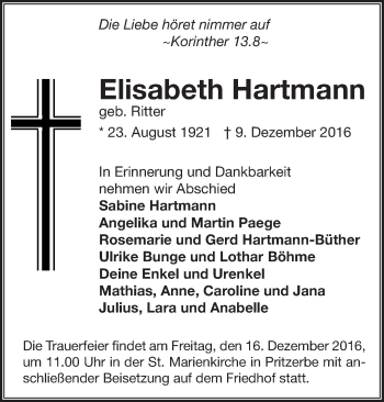 Traueranzeige von Elisabeth Hartmann von Märkische Oderzeitung