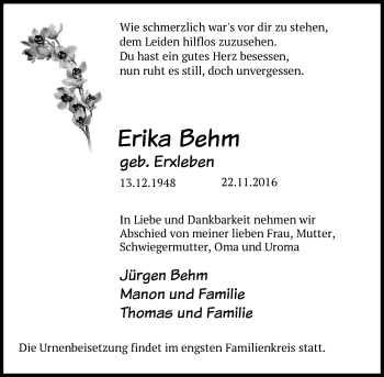 Traueranzeige von Erika Behm von Märkische Oderzeitung