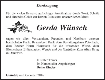 Traueranzeige von Gerda Wünsch von Märkische Oderzeitung