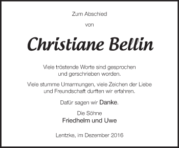 Traueranzeige von Christiane Bellin von Märkische Oderzeitung